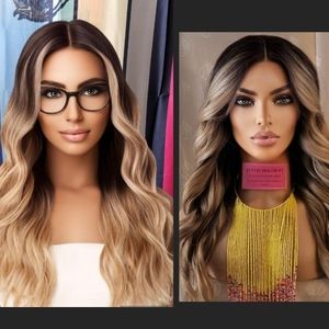 Balayage dark root blonde brown wavy lace front wig